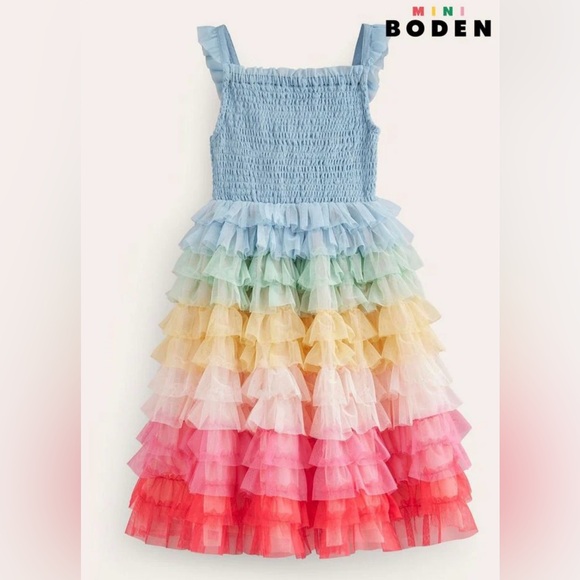 New Mini Boden Rainbow Unicorn Light Blue Tulle Smocked Girls Dress Sz 9-10y - Picture 1 of 10